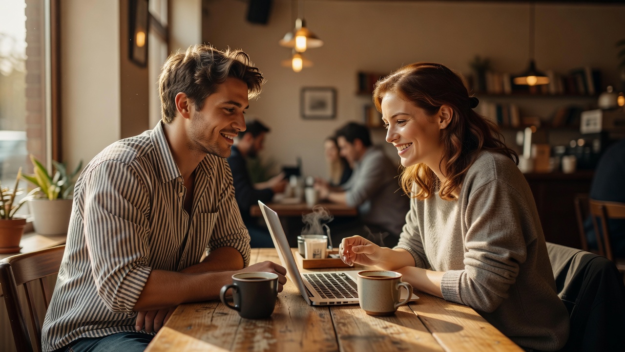Two friends sharing a café table with a laptop and coffees, one in a relaxed striped shirt with sleeves rolled to the forearm