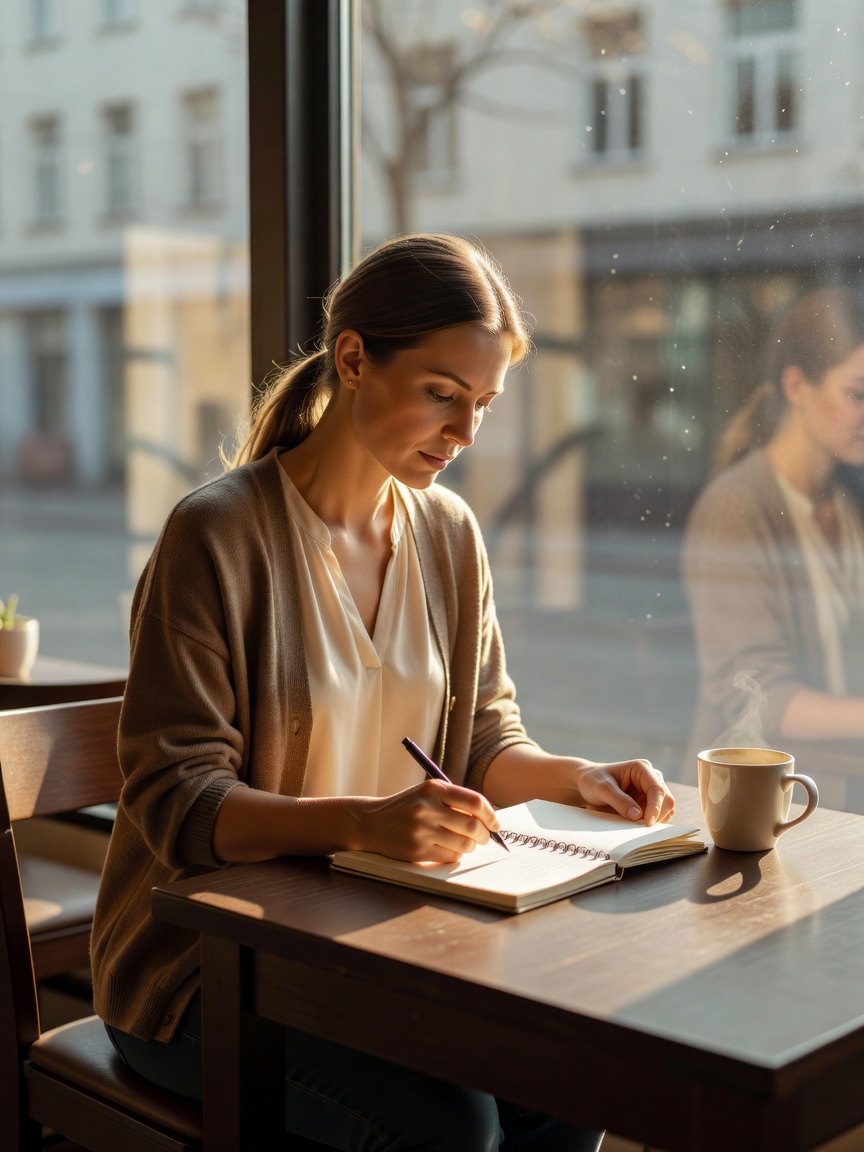 Woman in a soft brown cardigan writing in a notebook at a café window seat in morning light