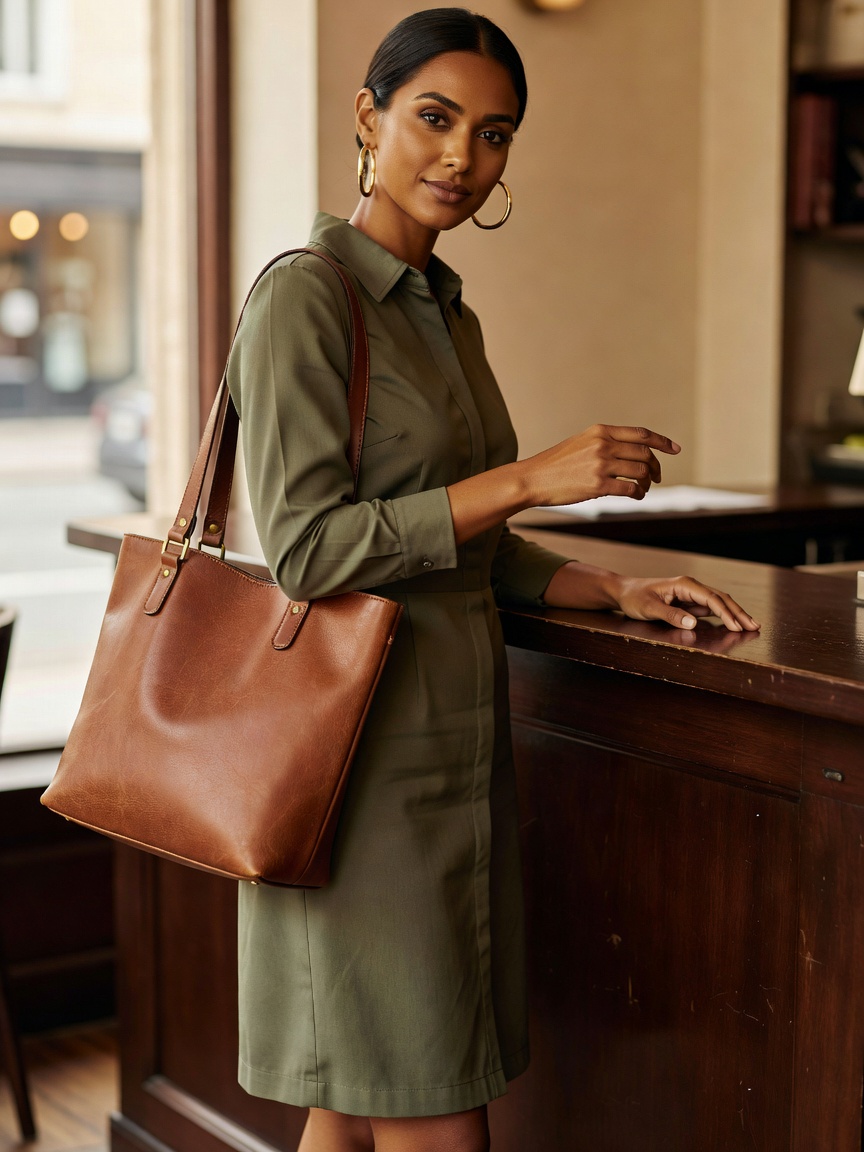 Woman in a navy-free olive shirt dress and gold hoop earrings ordering at a café counter with a tan leather tote on her shoulder, daylight from the street