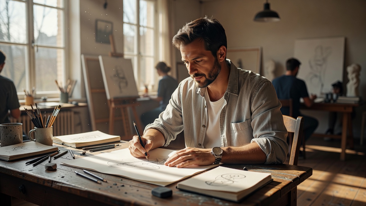Man in a light grey overshirt with cuffs rolled, wearing a simple steel watch, sketching at a wooden desk in a sunlit shared studio