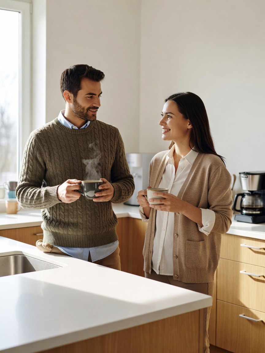 Two colleagues in relaxed knitwear and shirts chatting over coffee in a bright shared office kitchen
