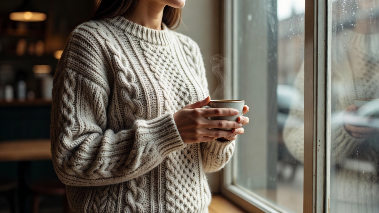 Close view of a woman in a textured oatmeal knit sweater holding a coffee cup beside a café window in daylight