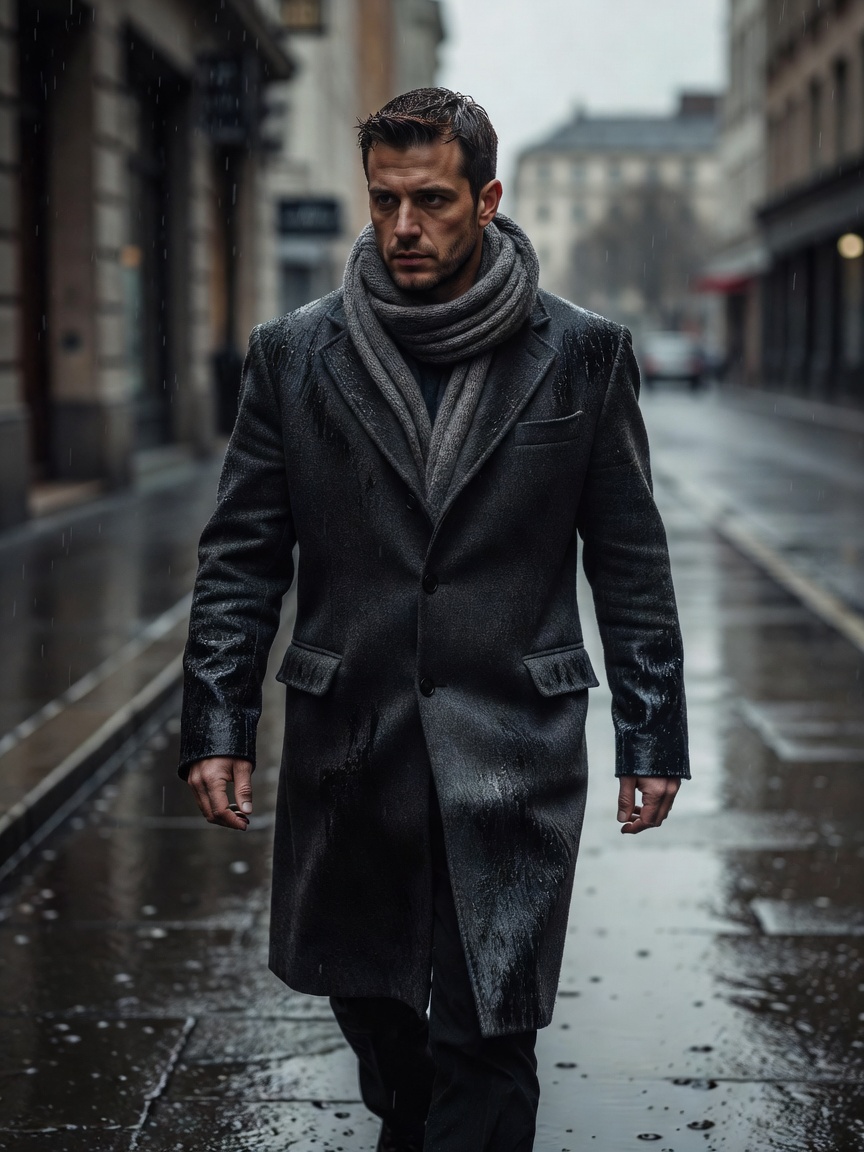 Man in a charcoal wool overcoat and knitted scarf walking along a wet pavement under light rain, natural overcast light