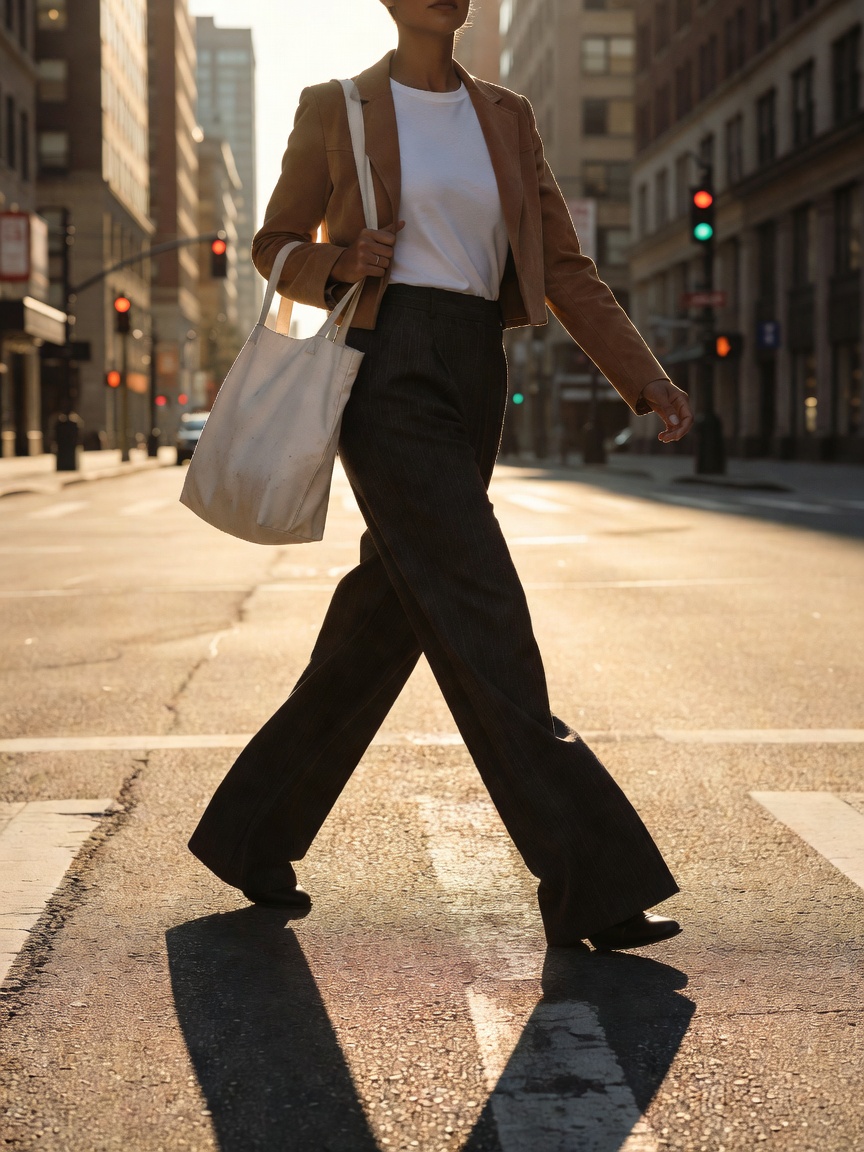 Woman in high-waisted wide trousers, a tucked white tee and a cropped jacket crossing a sunlit city street with a tote bag