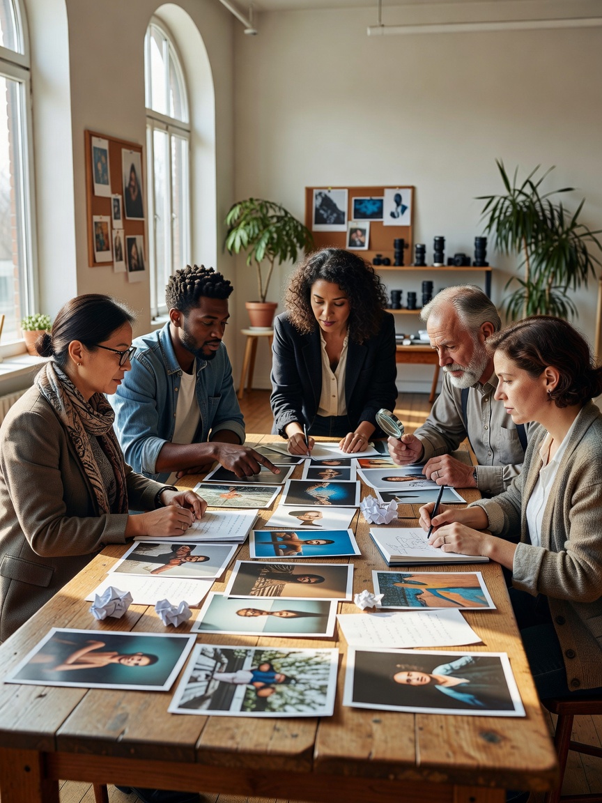 Small editorial team of varied ages reviewing printed photos and notes around a long wooden table in a daylight-filled studio