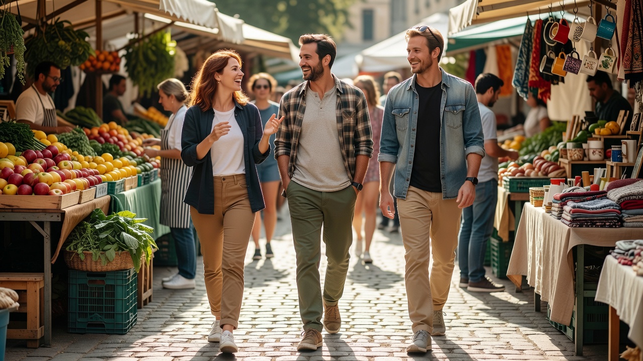 Three adults walking through an outdoor Saturday market in casual chinos, overshirts and trainers, sunny natural light